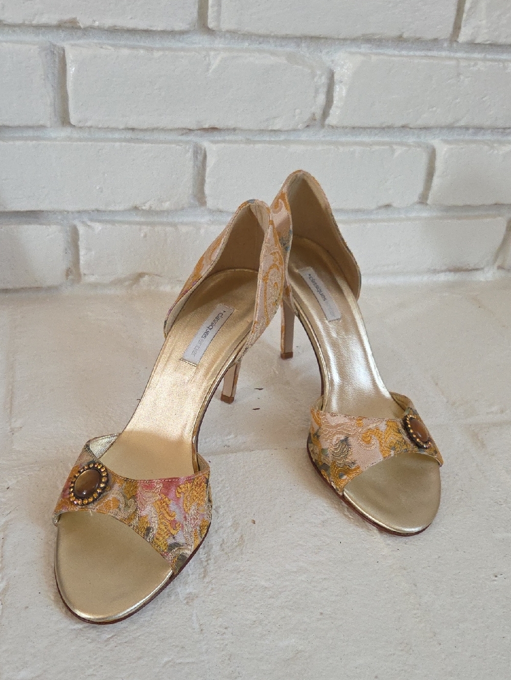 Classiques Entier Gold Brocade Open-Toe Heels with Embellished Buckle